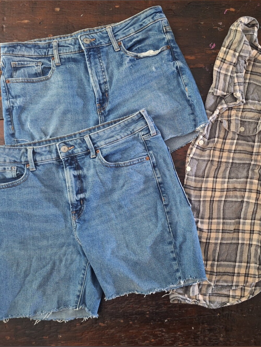 Old Navy Blue Denim Cutoff Shorts with Plaid Shirt - Size 12/Large